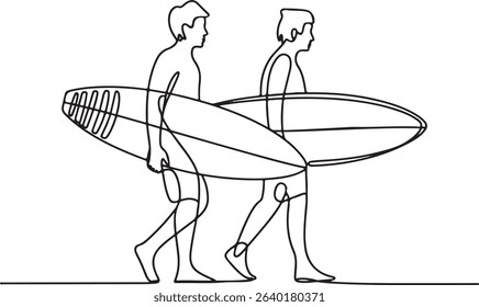 Continuous line drawing of two surfers walking with surfboards in minimalist black and white silhouette art style

