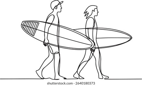 Continuous line drawing of two surfers walking with surfboards in minimalist black and white silhouette art style

