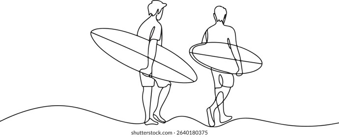 Continuous line drawing of two surfers walking with surfboards in minimalist black and white silhouette art style

