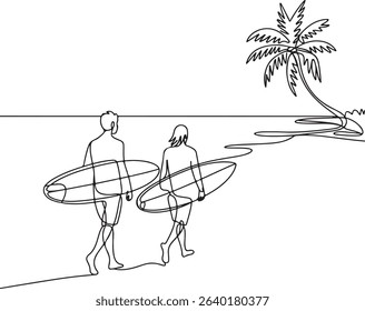 Continuous line drawing of two surfers walking with surfboards in minimalist black and white silhouette art style

