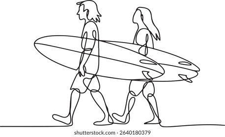 Continuous line drawing of two surfers walking with surfboards in minimalist black and white silhouette art style

