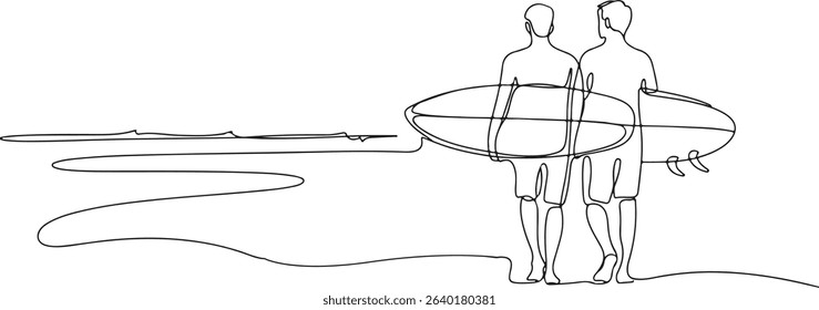 Continuous line drawing of two surfers walking with surfboards in minimalist black and white silhouette art style

