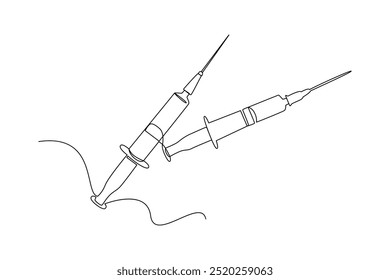 Dibujo continuo de dos jeringas que representan la atención médica y el tratamiento médico.