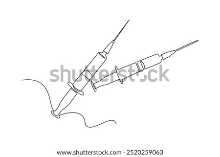 Continuous line drawing of two syringes representing healthcare and medical treatment.