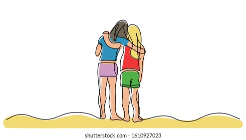 continuous line drawing of two teenage girls hugging each other