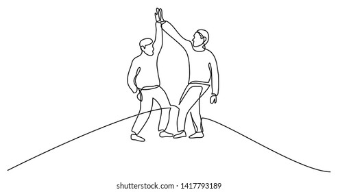 continuous line drawing of two travelers giving high five on mountain top