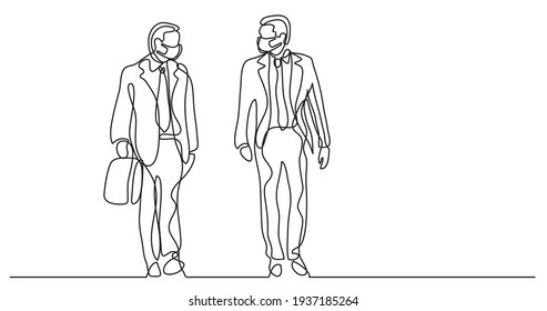 continuous line drawing of two walking businessmen wearing face masks