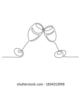 Continuous line drawing. Two wineglasses drawn in a minimalist style. Cheers with glasses. Black isolated on white background. Hand drawn vector illustration. 