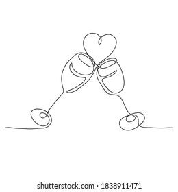 Continuous line drawing. Two wineglasses drawn in a minimalist style. Cheers with glasses. Black isolated on white background. Hand drawn vector illustration. 