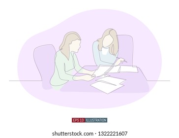 Continuous line drawing of two woman business brief, presentation or training. Template for your design works. Vector illustration.