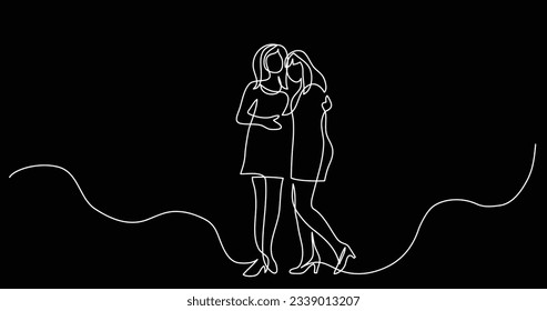 continuous line drawing of two woman friends hugging each other