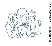 Continuous line drawing of two women drinking coffee in a restaurant. Two happy girls chatting, laughing and talking. Two lady having a conversation. Vector one line illustration.
