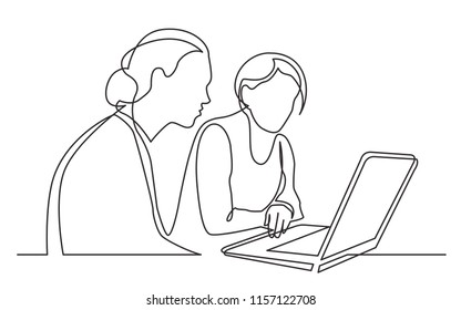 continuous line drawing of two women sitting and watching laptop computer