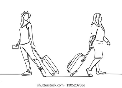 Continuous line drawing of two women pulling suitcases and parting on holiday trips.