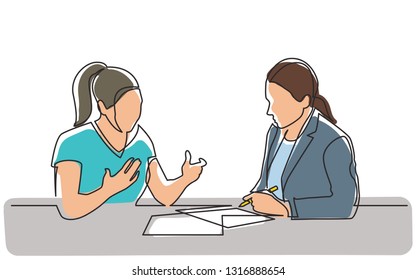continuous line drawing of two women discussing signing paperworks