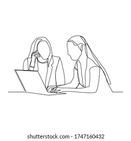 continuous line drawing of two women coworker talking something on laptop. vector illustration