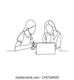 continuous line drawing of two women coworker talking something on laptop. vector illustration