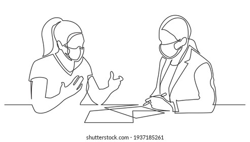 continuous line drawing of two women discussing signing paperworks wearing face masks