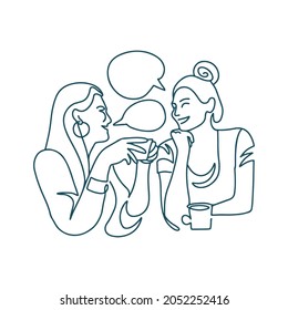 Continuous line drawing of two women drinking coffee in a restaurant. Two happy girls chatting, laughing and talking. Two lady having a conversation. Vector one line illustration.