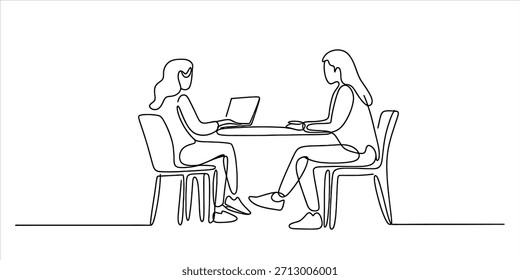 Desenho de linha contínua de duas mulheres tendo uma reunião de negócios em uma mesa Vetor, ilustração