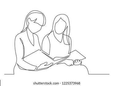 continuous line drawing of two young women reading book