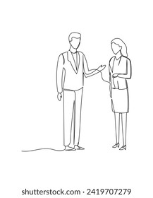 Continuous line drawing of two young male and female worker holding paper cup drink and chatting during office break. Rest break at work concept one line draw design graphic vector illustration
