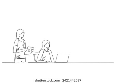 Continuous line drawing of two young female worker holding a paper and look at a laptop computer discussing about work together at the office. Job discussion concept continuous line draw design vector
