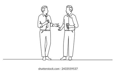 continuous line drawing of two young male workers talking together while office break time. Drinking coffee or tea at workplace concept, vector illustration