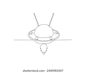Continuous line drawing of UFO. One line of outer space concept. UFO continuous line art. Editable outline.
