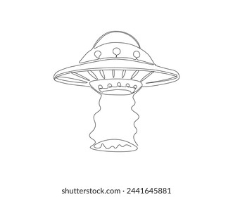 Continuous line drawing of UFO. One line of outer space concept. UFO continuous line art. Editable outline.
