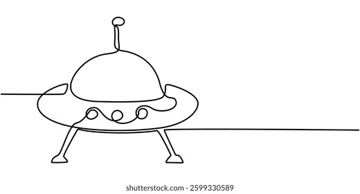 Continuous line drawing of UFO. One line of outer space concept. UFO continuous art. Editable outline, UFO, flying saucer. One continuous UFO. Line art, outline, single silhouette.