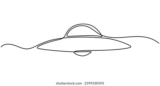 Continuous line drawing of UFO. One line of outer space concept. UFO continuous art. Editable outline, UFO, flying saucer. One continuous UFO. Line art, outline, single silhouette.