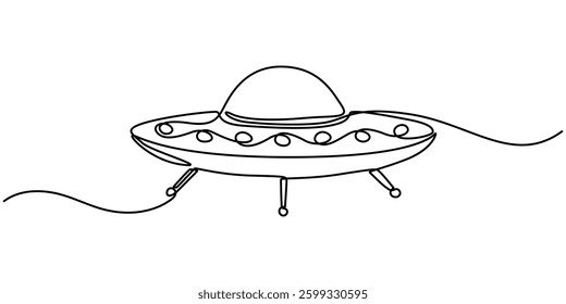 Continuous line drawing of UFO. One line of outer space concept. UFO continuous art. Editable outline, UFO, flying saucer. One continuous UFO. Line art, outline, single silhouette.