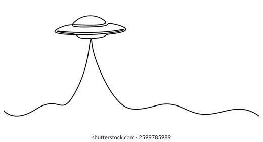 Continuous line drawing of UFO. One of outer space concept. UFO continuous line art. Editable outline., UFO, flying saucer. pro vector illustration. Line art, minimalist, single line silhouette. pro