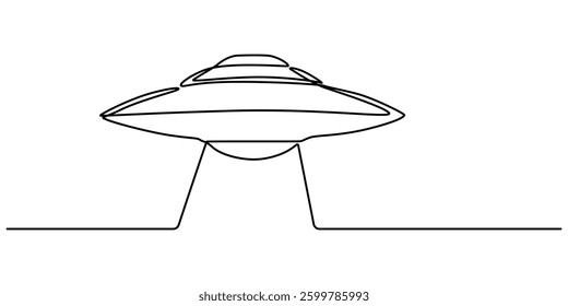 Continuous line drawing of UFO. One of outer space concept. UFO continuous line art. Editable outline., UFO, flying saucer. pro vector illustration. Line art, minimalist, single line silhouette. pro