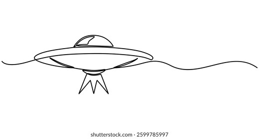 Continuous line drawing of UFO. One of outer space concept. UFO continuous line art. Editable outline., UFO, flying saucer. pro vector illustration. Line art, minimalist, single line silhouette. pro