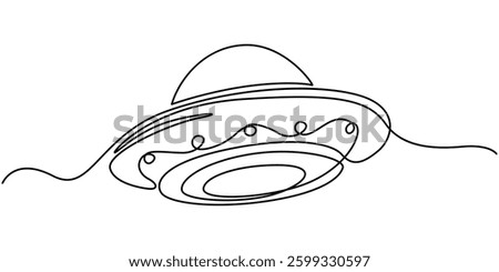 Continuous line drawing of UFO. One line of outer space concept. UFO continuous art. Editable outline, UFO, flying saucer. One continuous UFO. Line art, outline, single silhouette.