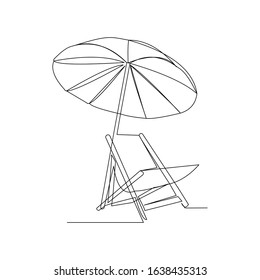 Continuous line drawing of umbrella and beach chair. Line art concept of summer day greeting card. Vector illustration.