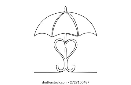 Continuous line drawing umbrella with heart shaped handle and two hooks underneath illustration art