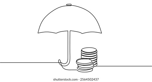 Continuous line drawing of an umbrella shielding a stack of money, representing security in business and finance. Vector illustration hand drawn.