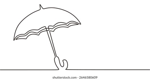 Continuous line drawing of an umbrella symbolizing shelter, a simple weather icon perfect for forecast apps and website banners.