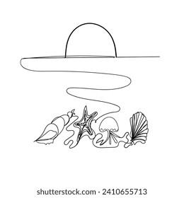 Continuous Line Drawing Underwater Scenery life. Summer Holiday. Illustration Icon Vector