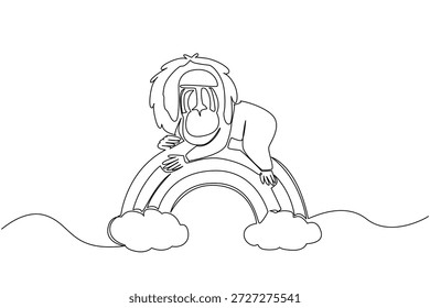 Dibujo de línea continua de un primate de mandril único que descansa su cabeza en un arco iris colocado entre dos nubes suaves. Concepto de Naturaleza para animales salvajes lindos, único para la vida silvestre