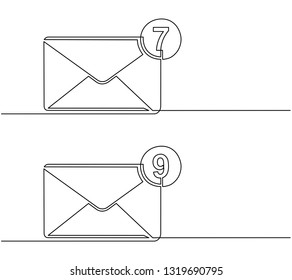 continuous line drawing of Unread email notification. New message on the smartphone screen. Envelope with incoming message. Vector