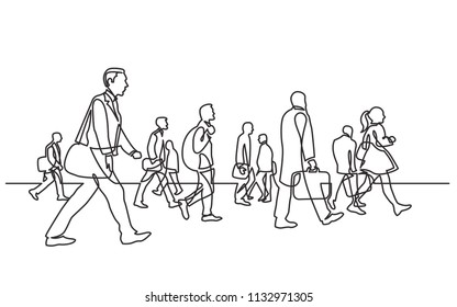 continuous line drawing of urban commuters walking on city street