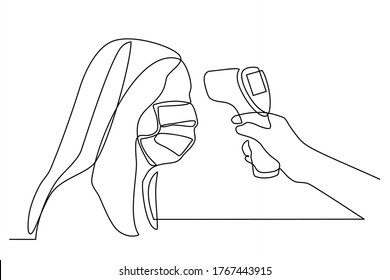 continuous line drawing of usage of infrared non-contact forehead thermometer gun to check body temperature for virus covid-19 symptoms. someone is being tested for body temperature with a thermometer