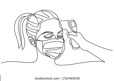 continuous line drawing of usage of infrared non-contact forehead thermometer gun to check body temperature for virus covid-19 symptoms. someone is being tested for body temperature with a thermometer
