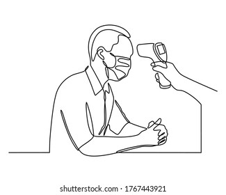 continuous line drawing of usage of infrared non-contact forehead thermometer gun to check body temperature for virus covid-19 symptoms. someone is being tested for body temperature with a thermometer
