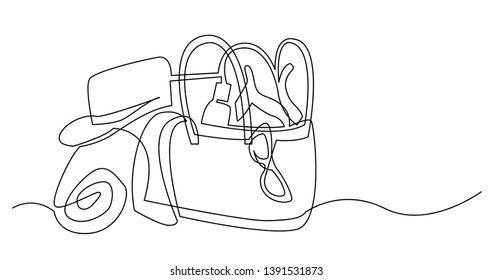 continuous line drawing of vacation items in bag on beach