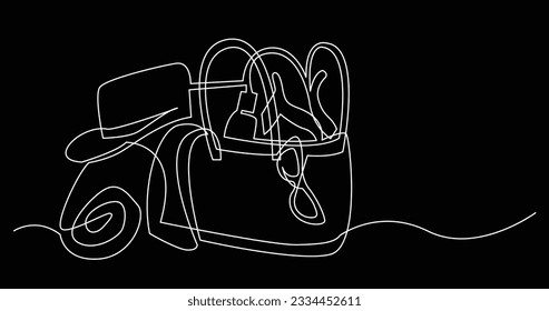 continuous line drawing of vacation items in bag on beach